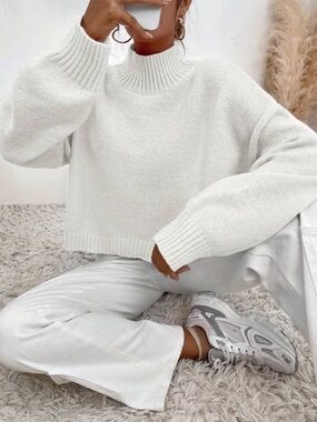 White Cropped Mock-Neck Sweater